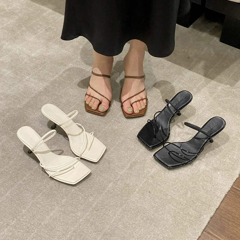 

Summer Women's Square Toe Sandals Slippers Strappy Open Toe Flip Flops Stiletto Slingback Kitten Heels Slip On Shoes for Party