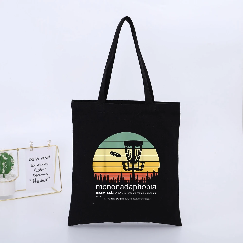 Disc Golf Basket Graphic Canvas Tote Bag, Retro Sunset Design for Outdoor Casual Use