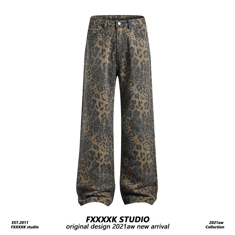 

Мужские джинсы FXK в стиле ретро с леопардовым принтом, свободного кроя, прямые, повседневные, для танцев в стиле хип-хоп