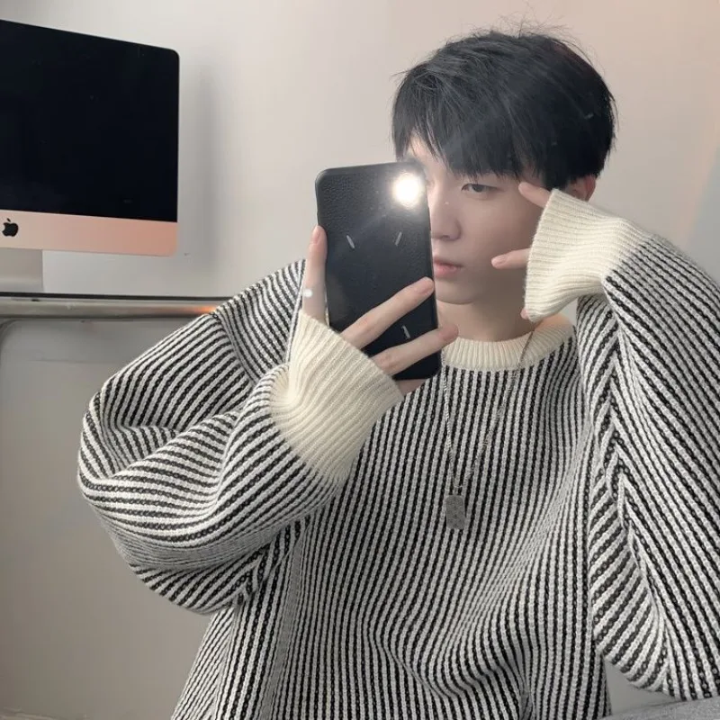 Lazy Style Pullovers Male Round Collar Striped Black Knitwear Leisure Cashmere Cheap Top Streetwear Cable Y2k Men's Knit Sweater