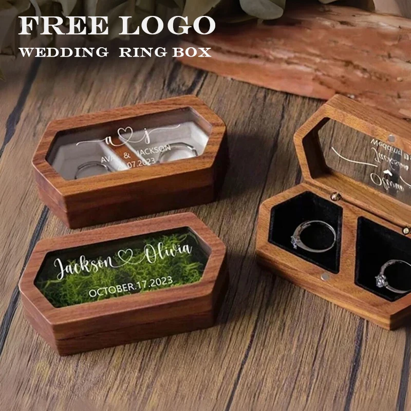 

Free Custom Personalized Walnut Wooden Ring Box Engraved Engagement and Wedding Ring Holder Gift for Couples, Brides, and Grooms