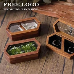 Free Custom Personalized Walnut Wooden Ring Box Engraved Engagement and Wedding Ring Holder Gift for Couples, Brides, and Grooms