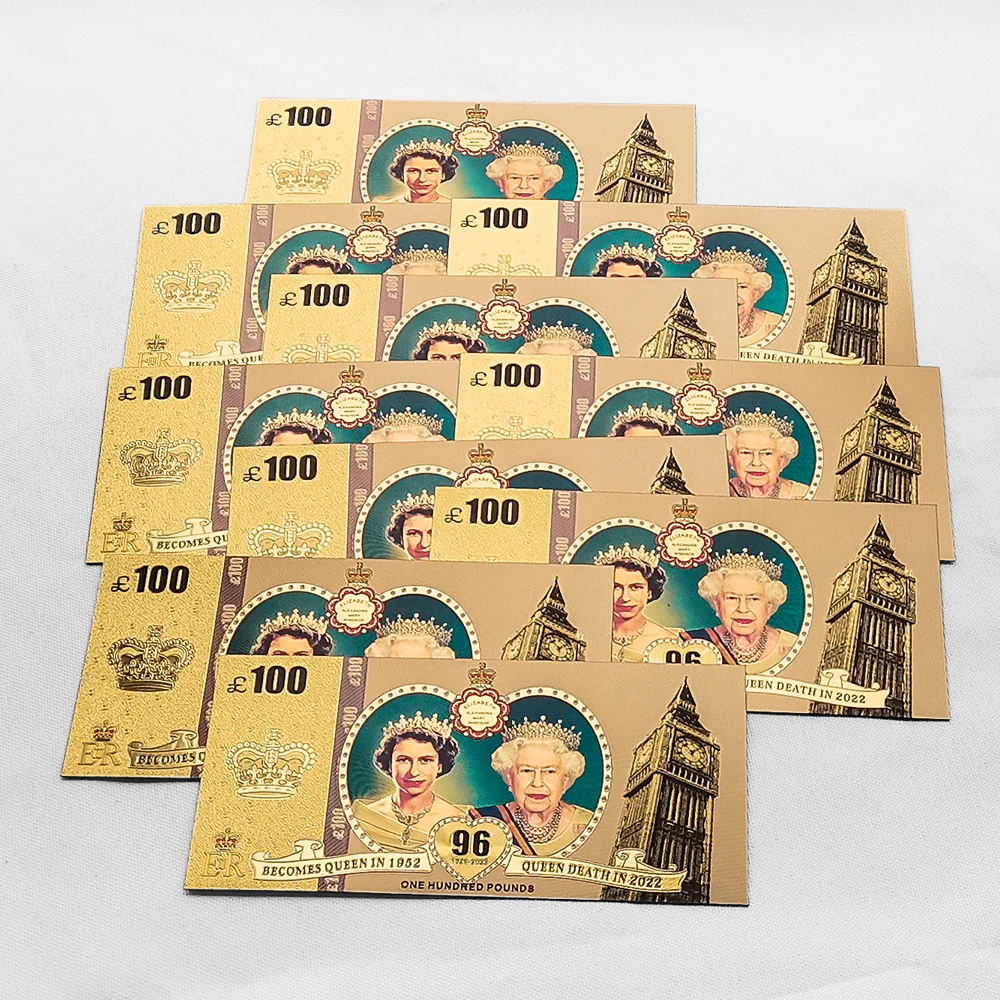 1926-2022 Queen Elizabeth II Gold Plated Commemorative Banknotes 100Pounds Prop Money Uk Royal Family Gifts for Collection