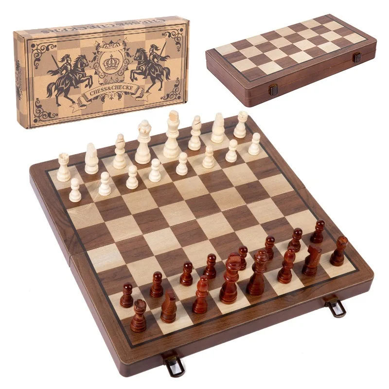 Premium Wooden Folding Chess Set, Solid Black Walnut Wood, Magnetic Chess Pieces, 2-in-1 Chess & Checkers Game