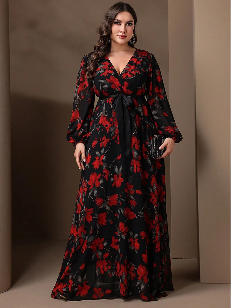 TOLEEN-Elegant Flower Print Lantern Sleeve Dress for Women, Floral Maxi Dresses, Casual Formal Party, Fashion, Plus Size, 2024