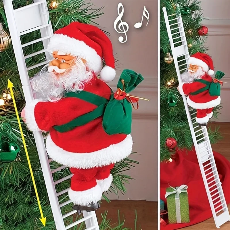 Electric Santa Claus Climbing Ladder Toy with Music, Climbs Up and Down, Christmas Tree celebrate Decorations for a Festive gift