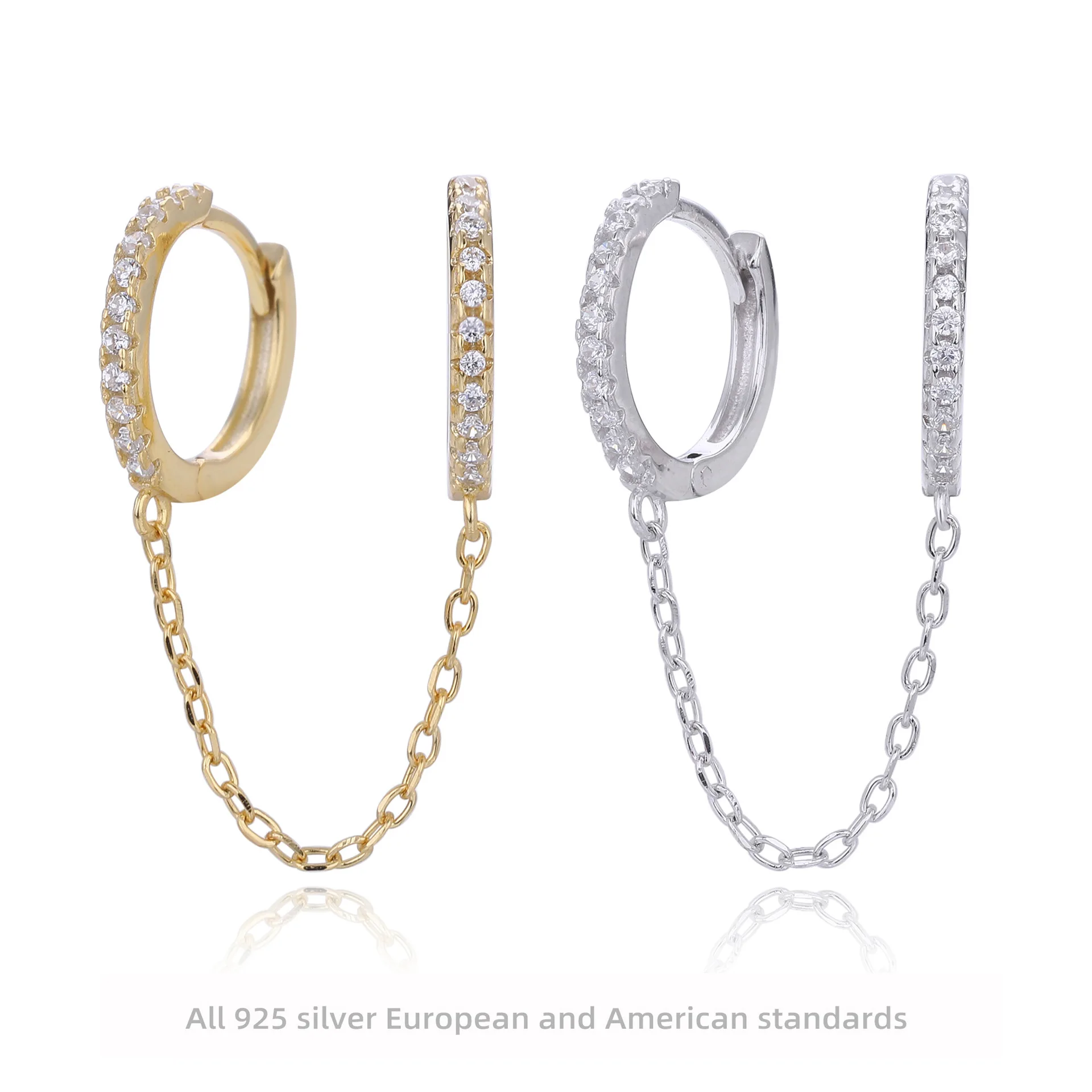 Withered S925 Pure Silver Earrings With Zirconium Inlaid Double Ring Hanging Chain Earrings Jewelry