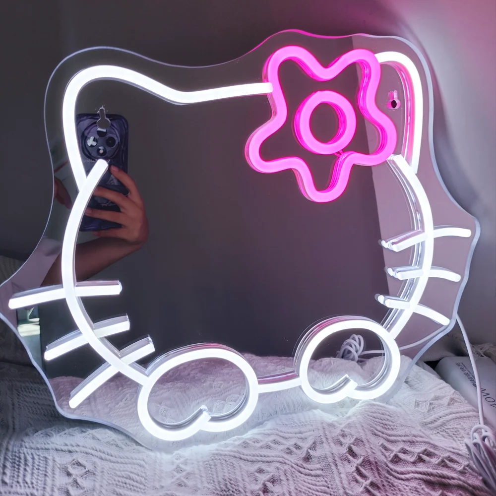 Anime Hello Kitty Mirror Neon sign Dimmable Led Neon for Dresser indoor Room Decor Wall Mirror Neon Light Kid Girl Gifts