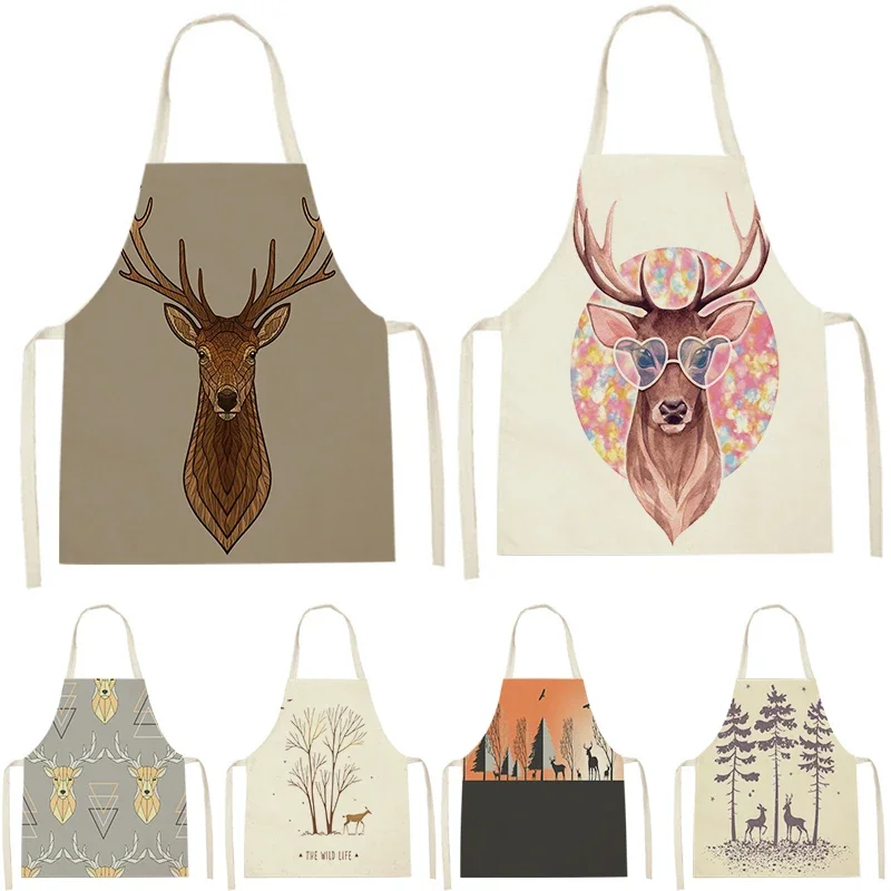 Geometry Elk Aprons for Woman with Cleaning Pinafore Animal Pattern Sleeveless Aprons Reindeer Printing Home фартук Delantal