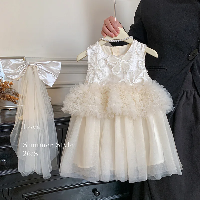 Girls Cake Princess Dress With Bow-Tied Veil Sweet Kids Floral Birthday Gown Ball Children Mesh Splicing Dress 2-8 Years Old