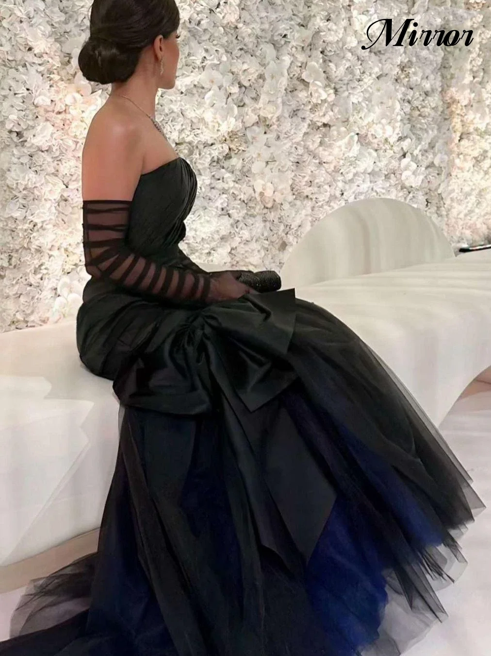 

Mirror Dress Elegant Vintage Black Bow Mermaid Ruffle Gloves Customized Formal Occasion Ball Prom Dress Evening Party Gowns