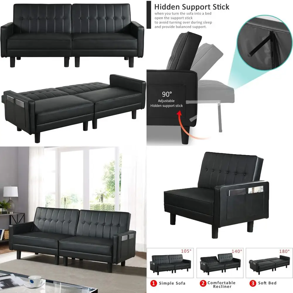 أريكة سرير فوتون قابلة للتحويل مع مسند ظهر قابل للتعديل، أريكة نوم حديثة من الجلد الصناعي معنقدة في منتصف القرن لتوفير الراحة #1