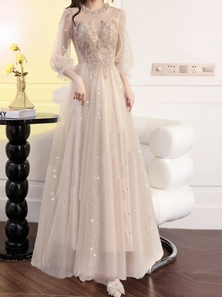 Customized Elegant Temperament O-neck Three Quarter Sleeve Evening Dress Exquisite Flower Sequin Appliques Ceremonial Gown Slim