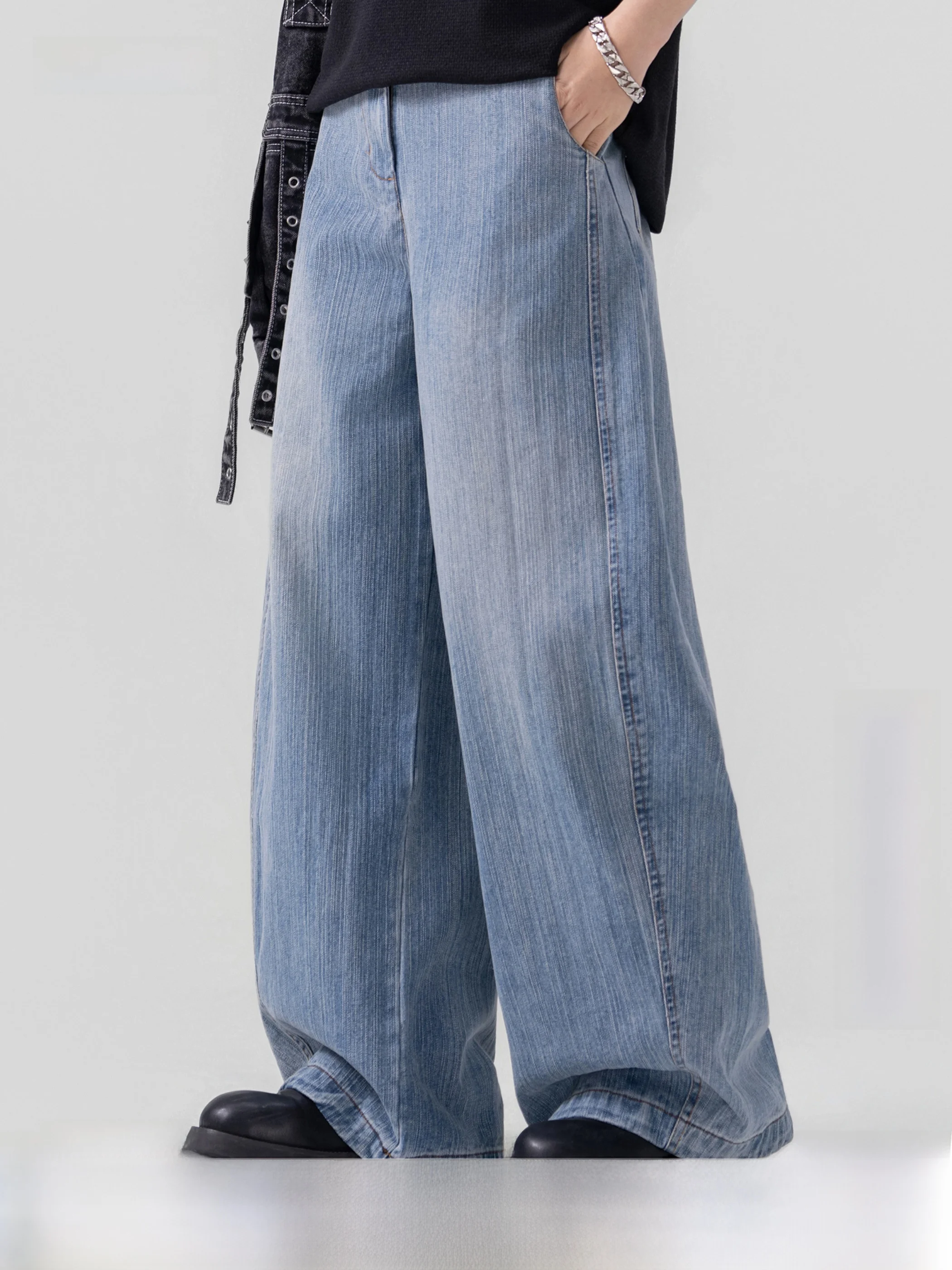

American Style Wide Leg Jeans Men Women Summer New Vintage Loose Straight Thin Long Pants High Waist Zipper Pocket Polyester ...