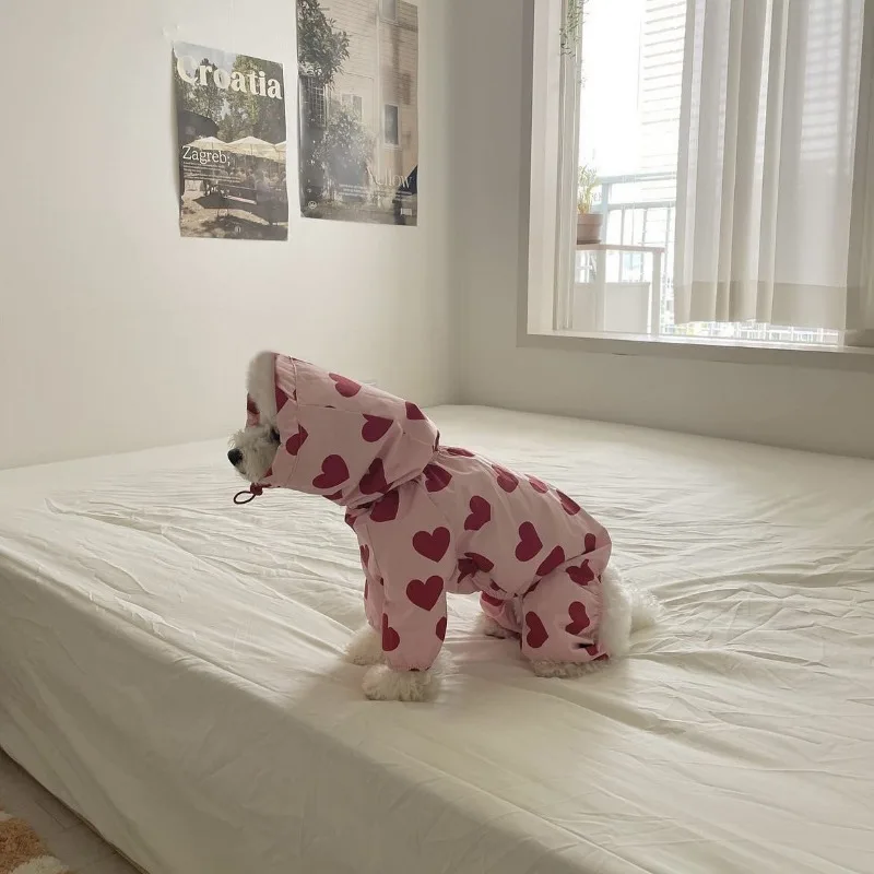 Ins Love Puppy Kleding All-In-One Waterdichte Heart Cloud Print Regenjas Hond Model Schattige Capuchon Hondenkleding Mascota \'S Hondenkostuum