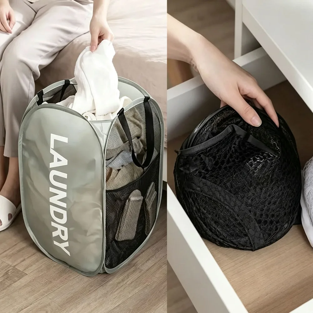 Foldable Pop-up Mesh Laundry Basket Large Capacity Dirty Clothes Storage Bin Portable Clothes Organizer Bathroom Bedroom Home