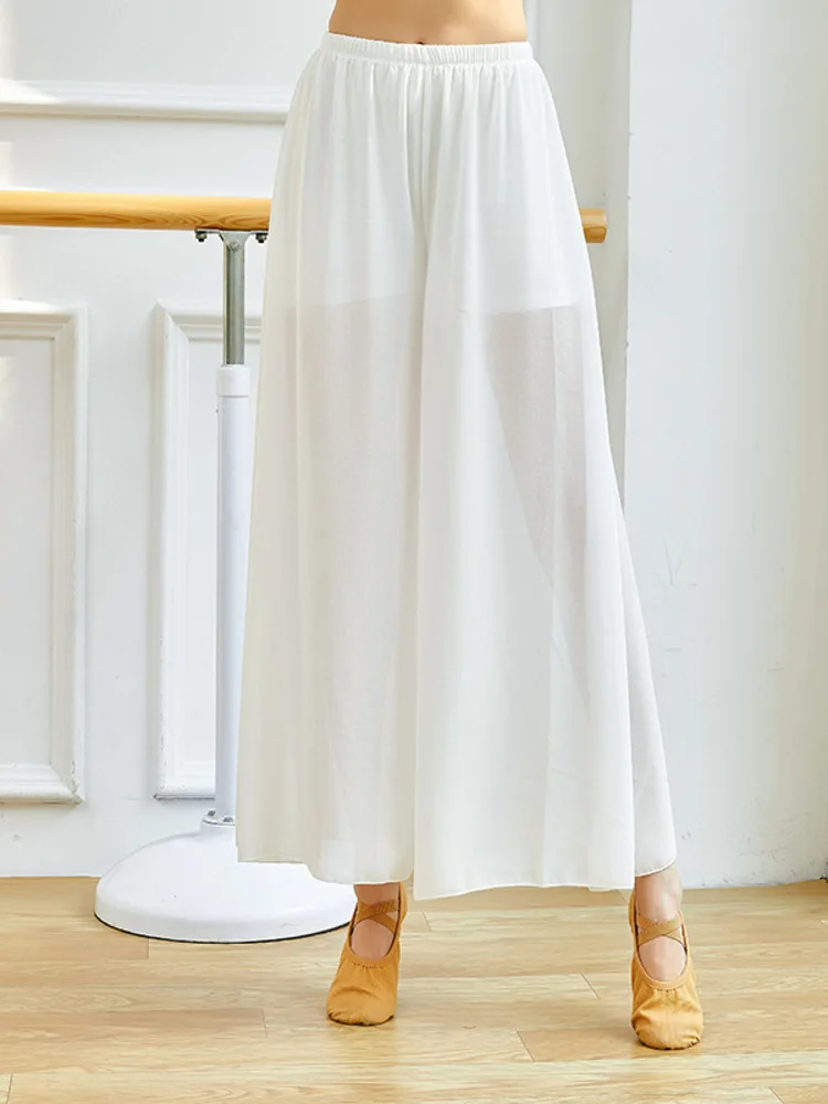 

Solid Color Layered fake Two-Piece Wide Leg Pants with Mesh Chiffon Overlay for Modern Dance Performance Wear