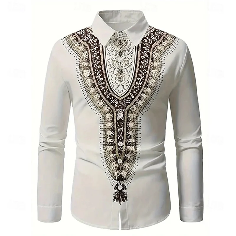 Men's ethnic pattern button down shirt casual formal shirt long sleeve retro vacation daily street summer spring lapel shirt