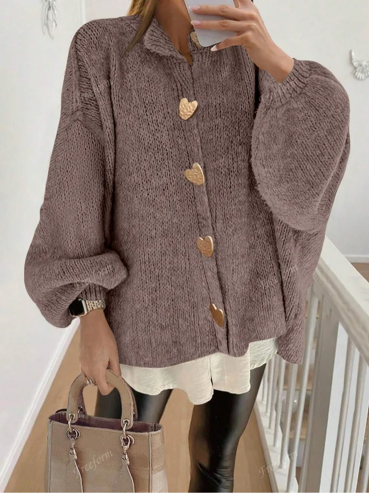 

Свободный вязаный кардиган с рукавами-фонариками, женская модная свободная куртка на пуговицах с круглым вырезом и длинными рукавами, женская новая повседневная верхняя одежда