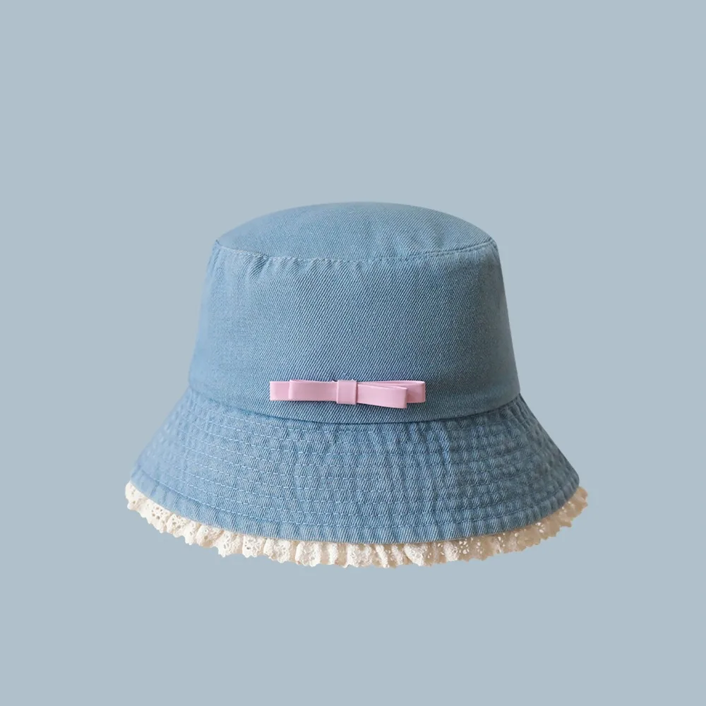 

Casual Big Brimmed Denim Bucket Hat Bow Tie Y2K Lace Fisherman Hat Visor UV Protection Bow Sunscreen Hat Climbing