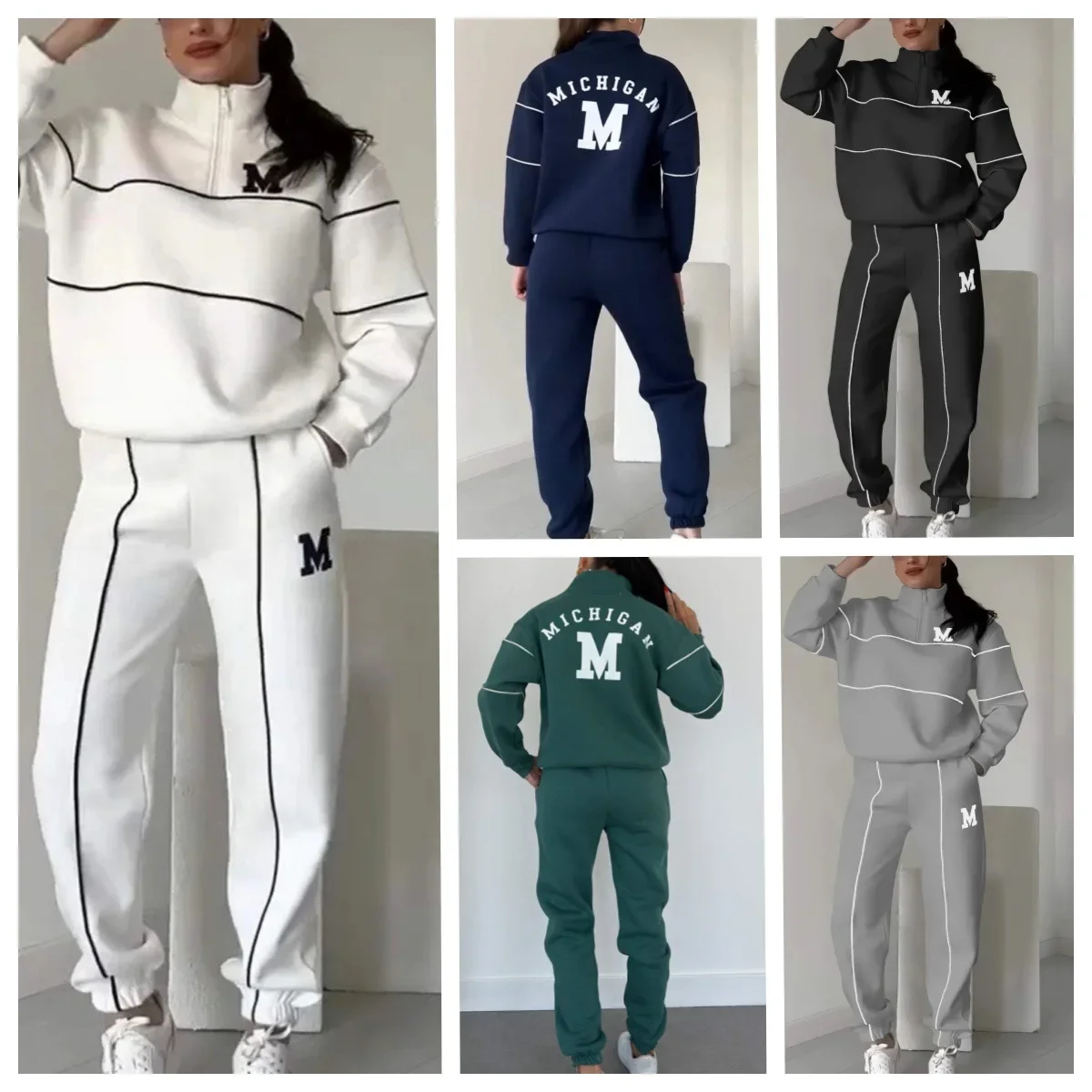 

Two Piece Sets Women Pant Set Zipper Tracksuit Jogger Y2k Loose Sweatshirts Print Letter Elastic Waist Long Pants Autumn Winter