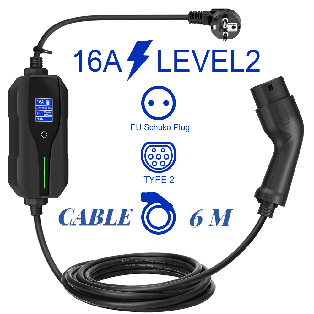 Mode 2 Type 2 16A Protable EV Charger 3.6KW 1 Phase Current Adjustable 5 Meters Charging Cable High Quality EV LED Home Charger