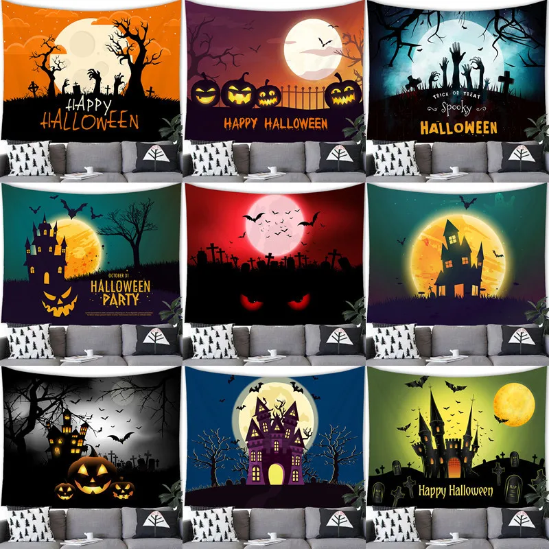 Haunted Halloween House with Pumpkins digital-printed polyester tapestries living rooms bedrooms macrame wall hanging room decor