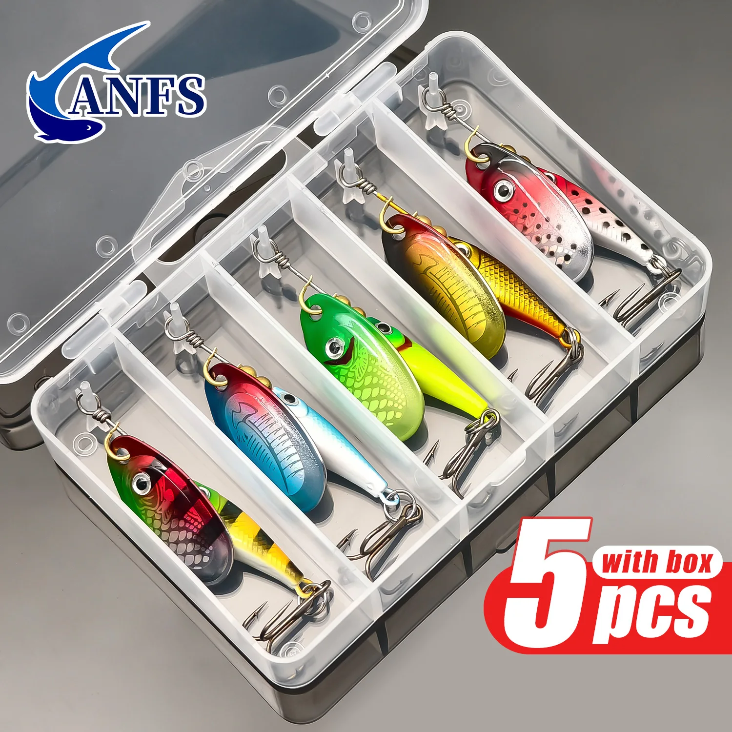 ANFS 5 Stück Angelköder Spinner-Köder für Süß- und Salzwasser, Harte Metallköder für Barsch, Forelle, Lachs mit Tackle-Box – Detail 2