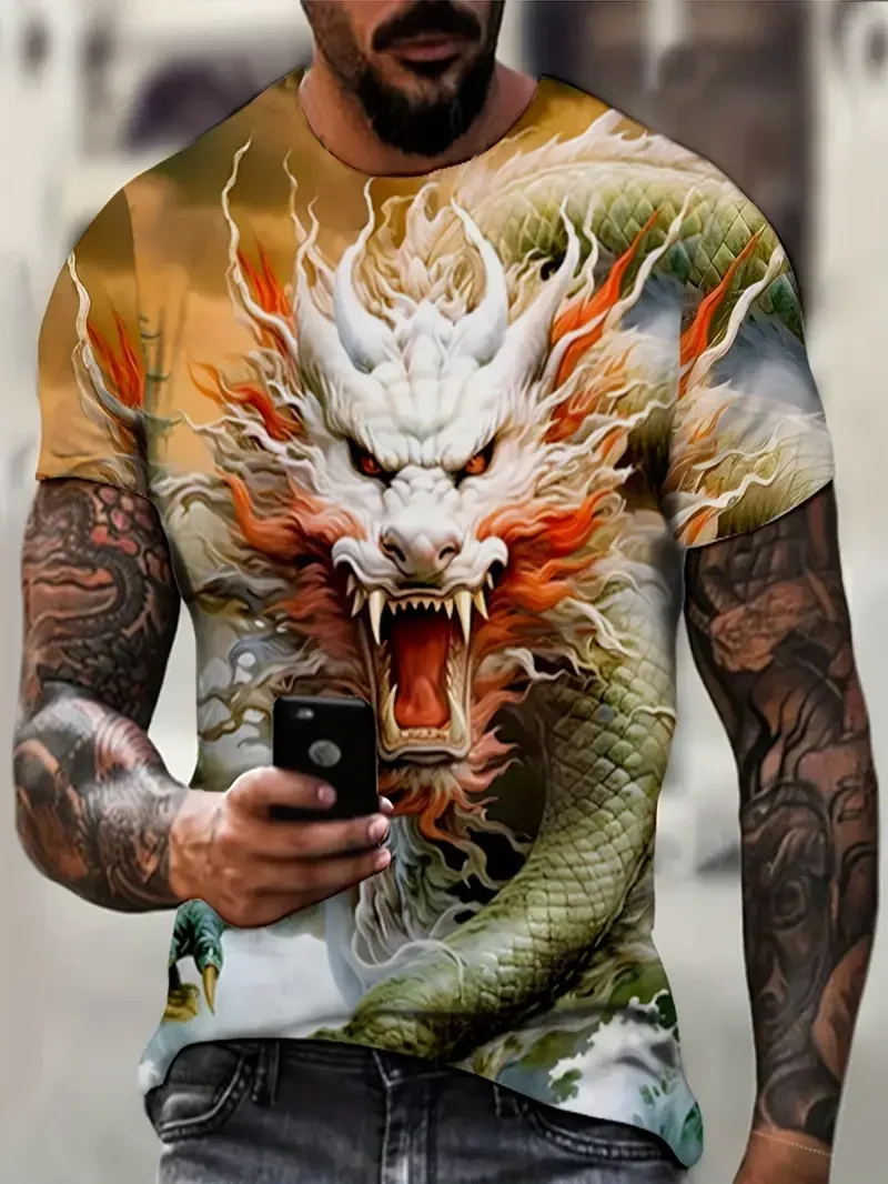 

Hot Selling Men's 3D Dragon Pattern Short Sleeved Casual Round Neck Pullover Street Outdoor T-Shirt High-Quality Popular Top