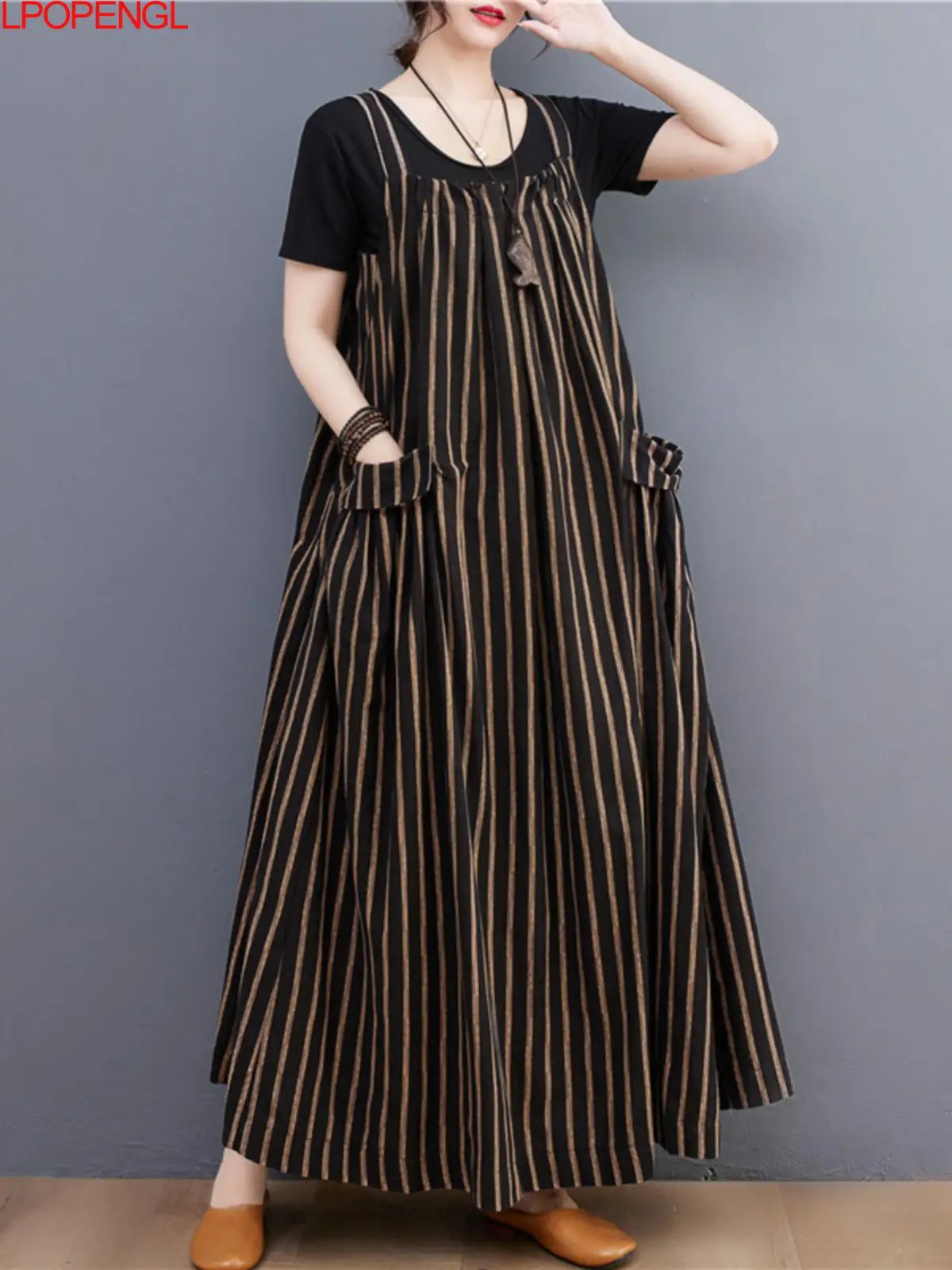 

Woman 2024 Spring Summer Fashion Retro Ankle-length Dress Striped A-line Spaghetti Strap Streetwear Loose Square Collar Dress