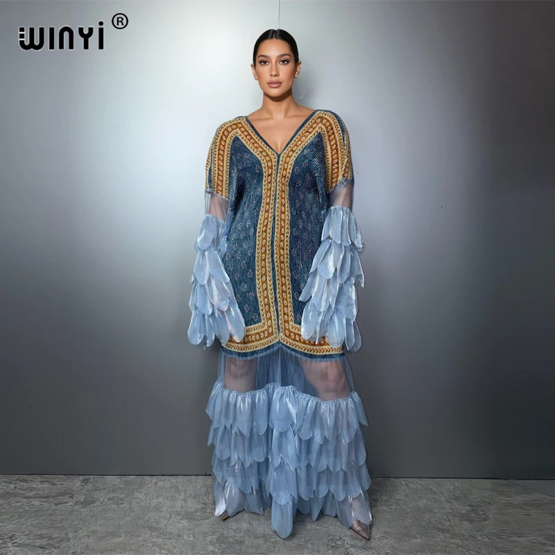

WINYI Pleated elastic slim dress Beach Cover up Kaftan Abaya for Muslim Women Dubai Luxury Party Fashion Evening Gown