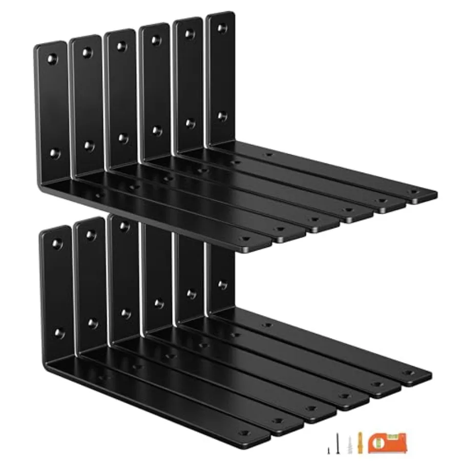 

12-Pack 8 Inch Heavy Duty Shelf Brackets Premium Floating L Bracket for Wall Kitchen Mantel Shelves Support Quarter Inch 1/4 Th