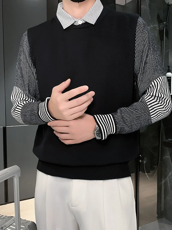 

Мужской вязаный свитер с воротником-стойкой и подкладкой из флиса, имитация двухслойного свитера с лоскутным жилетом, зимний теплый повседневный, из полиэфирного волокна