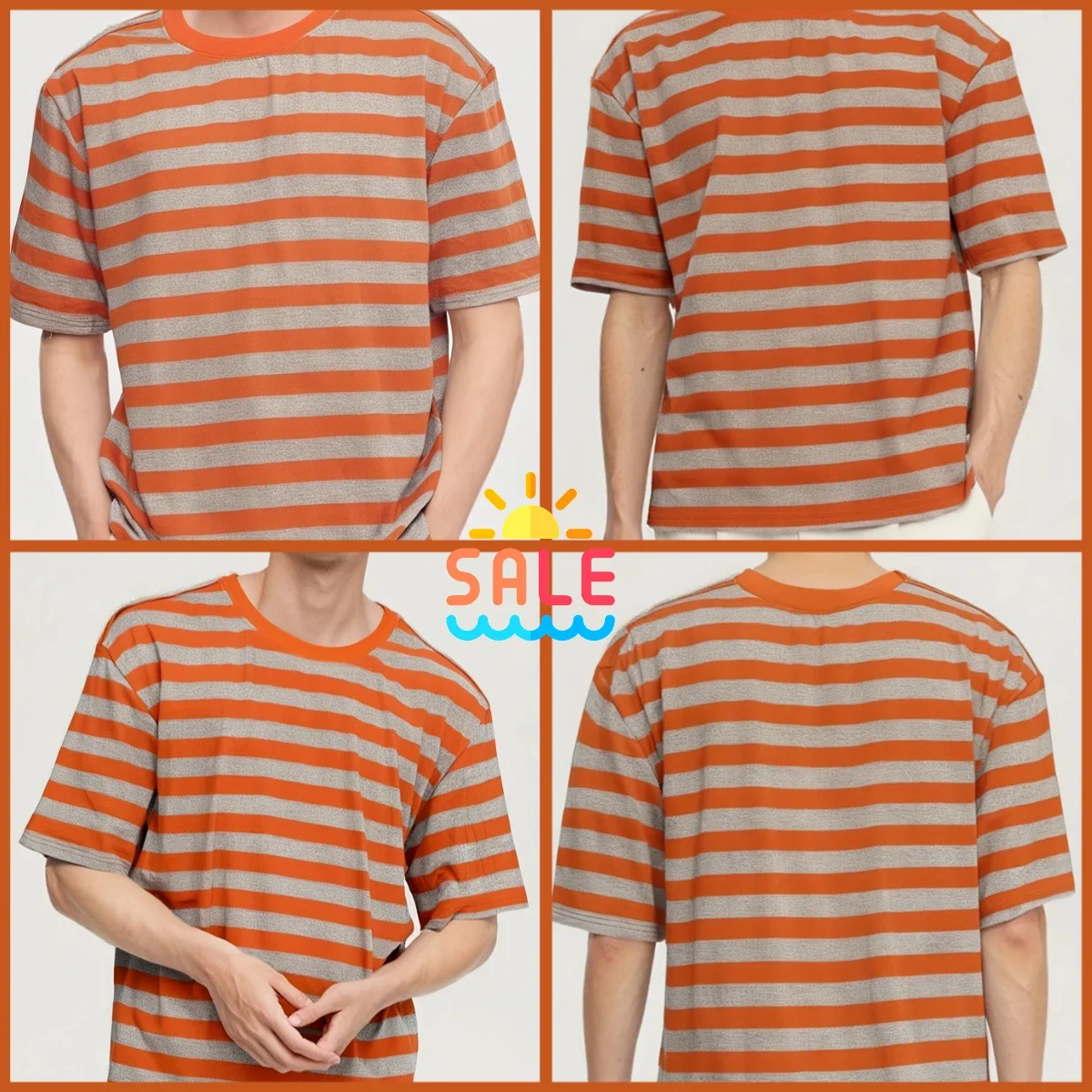 

Men's Wide Stripe T-Shirt - Short Sleeve Round Neck Casual Summer Tee with Orange/White/Gray Horizontal Stripes,