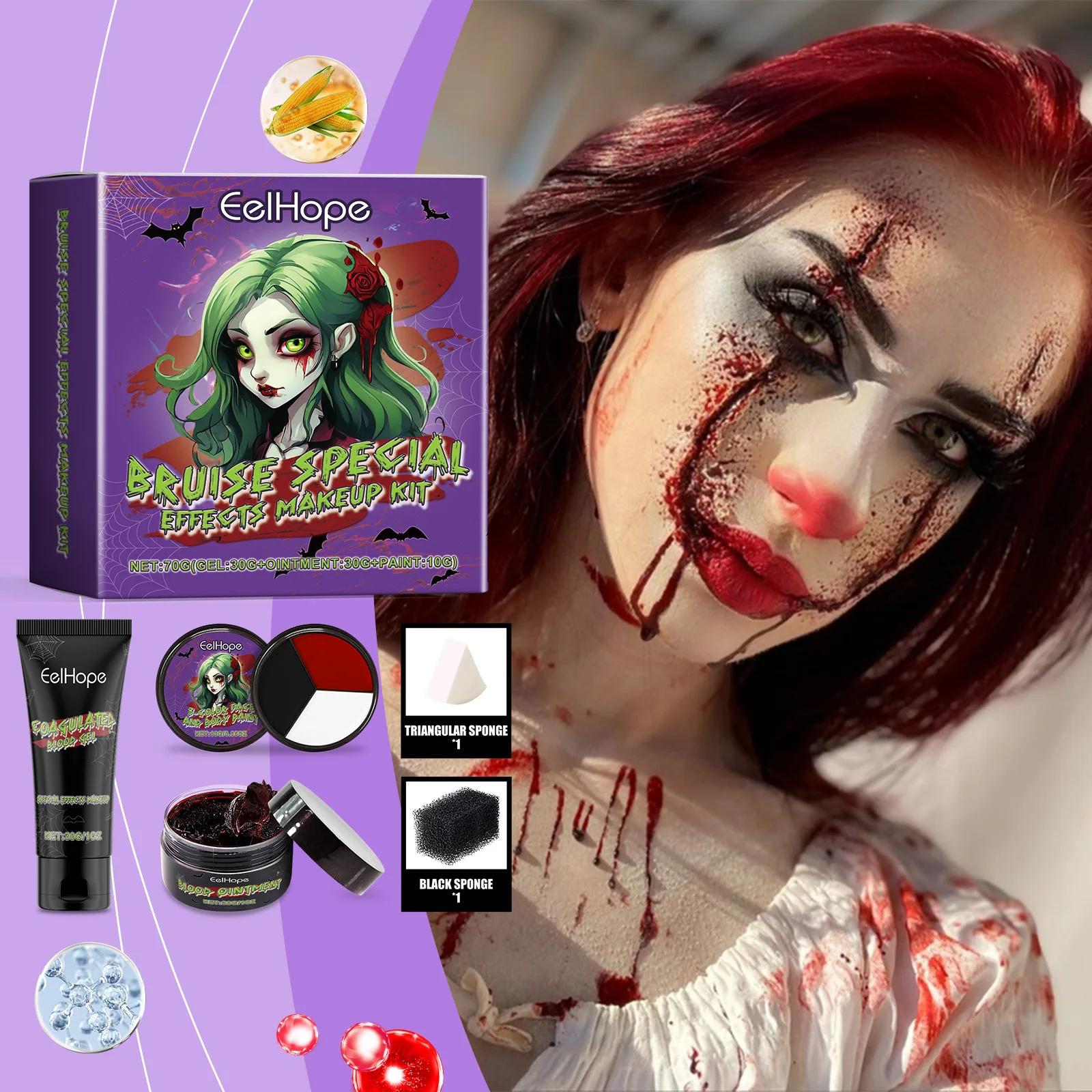 Bruise Special Effects Makeup Kit Fake Blood Gel Ointment Bruise Palette with Sponges Realistic Wound Scar SFX Makeup fo