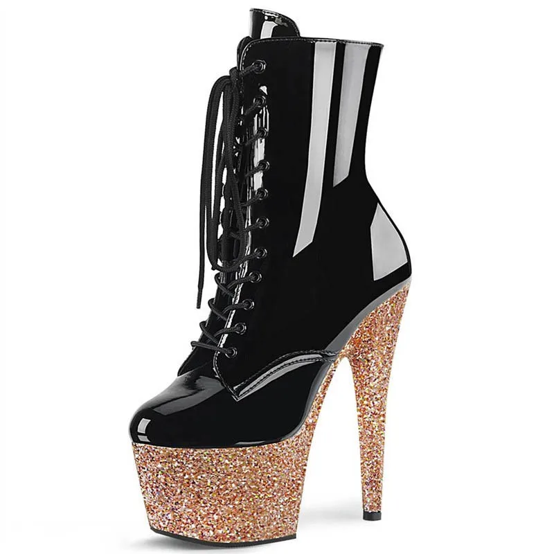 Bling Sequin Lace up Ankle Boots 17cm High Heel Platform Women's Sexy Fetish Shoes for Nightclub Pole Dance Party Stripper
