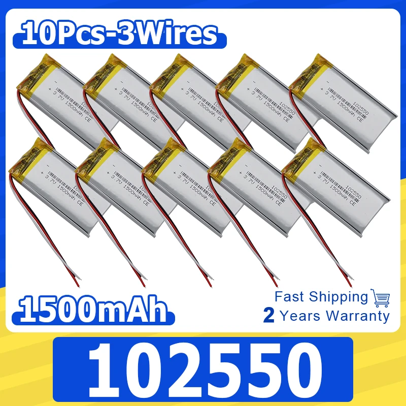 10pcs 3.7v 1500mah 5.55Wh Li Lithium Battery 102550 Li-ion 3-Wires Thermistor Repair GPS Bluetooth Speaker Headphones Headset