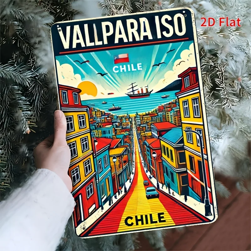 [2D Flat] 1pc Vintage Valparaiso Chile Metal Wall Art Sign - 7.87x11.81inch, Colorful Street Scene with Iconic Landmarks, Easy