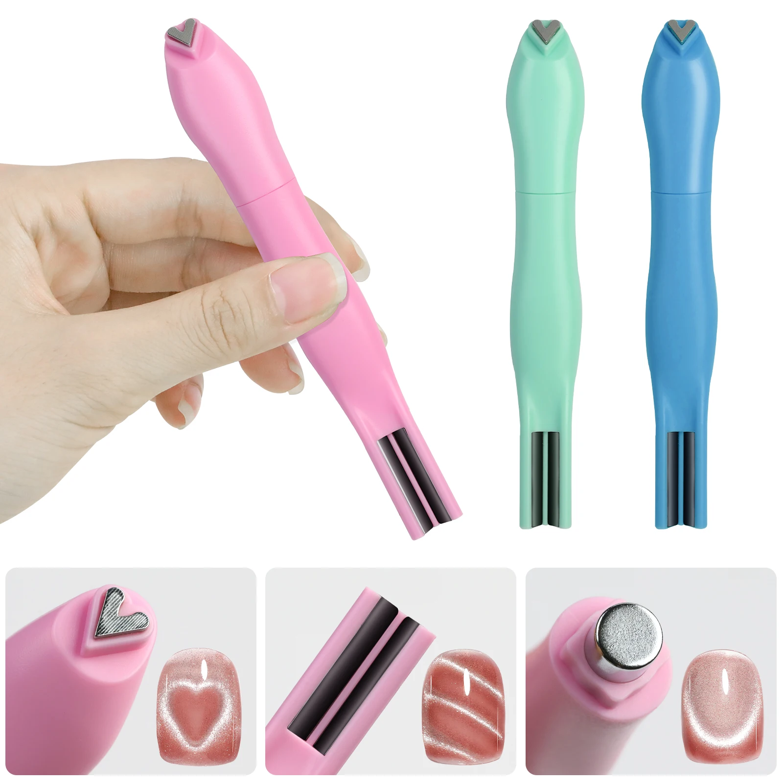 3 في 1 تأثير عين القط مزدوج ثلاثية الأبعاد الحب القلب مسمار المغناطيس خط القمر الأفعى نمط الفرنسية مسمار الأشعة فوق البنفسجية جذب عصا مغناطيسية مانيكير