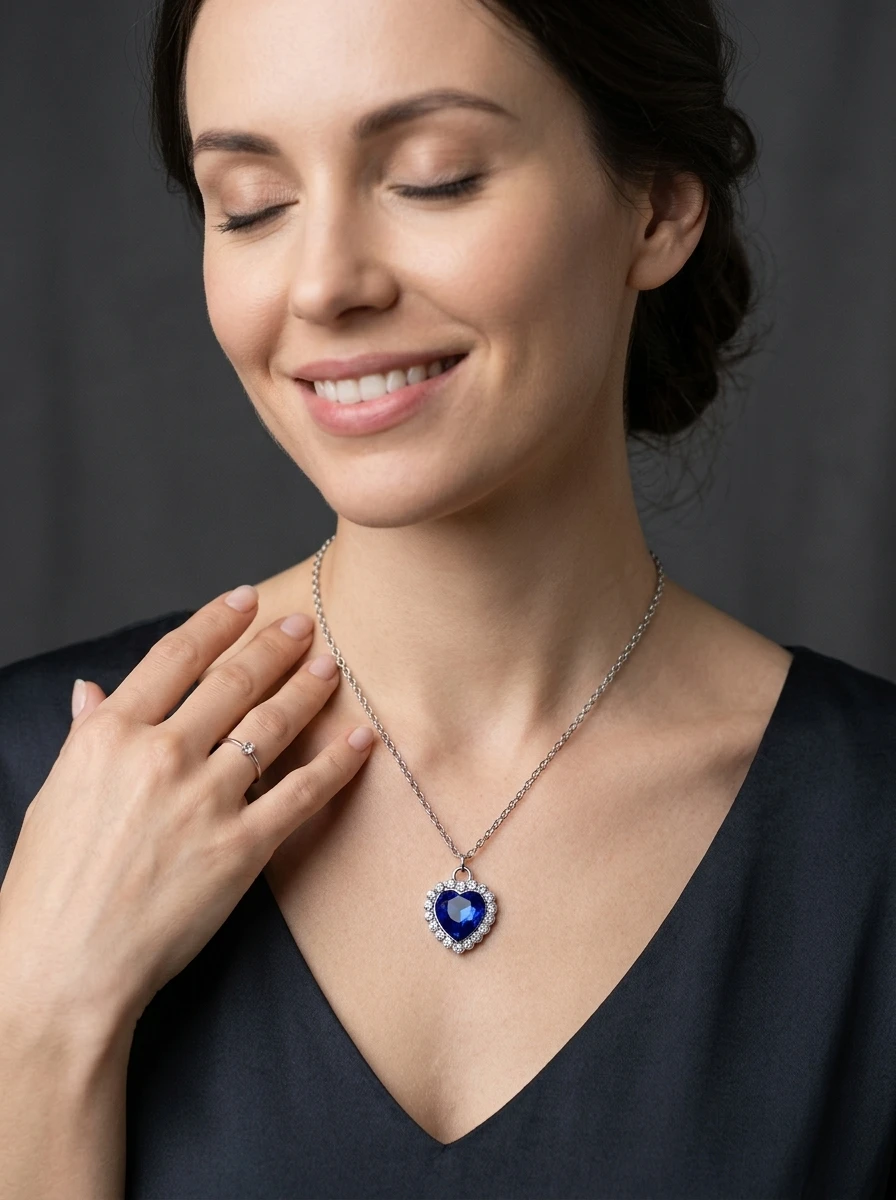 Ocean Heart Blue Sapphire Crystal Heart Pendant Necklace Full Rhinestone O Chain Clavicle Necklace Women Daily Jewelry