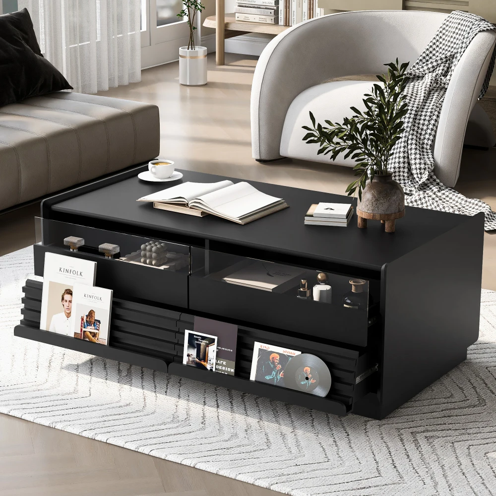 

U-Can Modern Rectangle Coffee Table with 4 Drawers and 2 Display Shelves, 47.2" Wood Coffee Table for Living Room