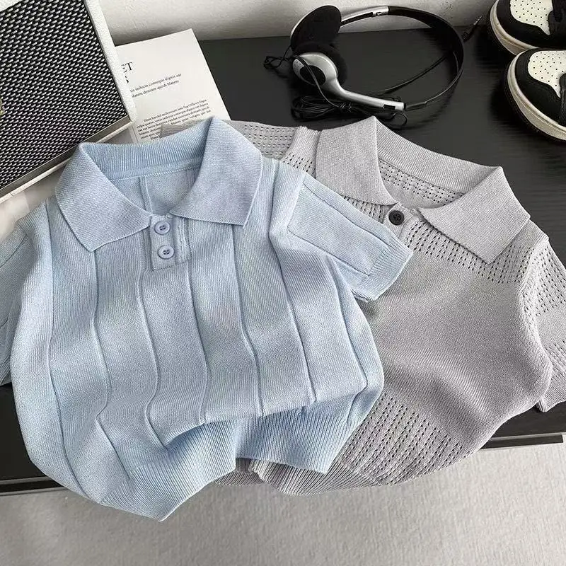 

Boys' Summer Set Fashionable New Style Children's Ice Silk Thin Collar Short sleeved T-shirt+Shorts Two-piece Set