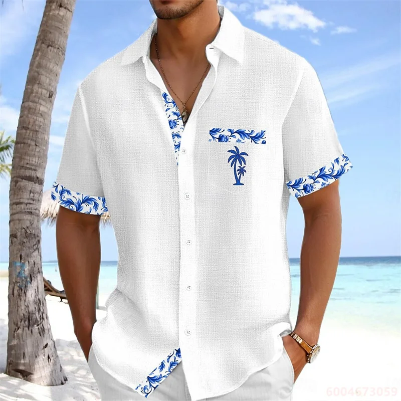 Men's Short-Sleeved Shirt with Coconut Tree Print, Casual and Loose-Fitting with a Stylish Turn-Down Collar, Hawaiian Design.