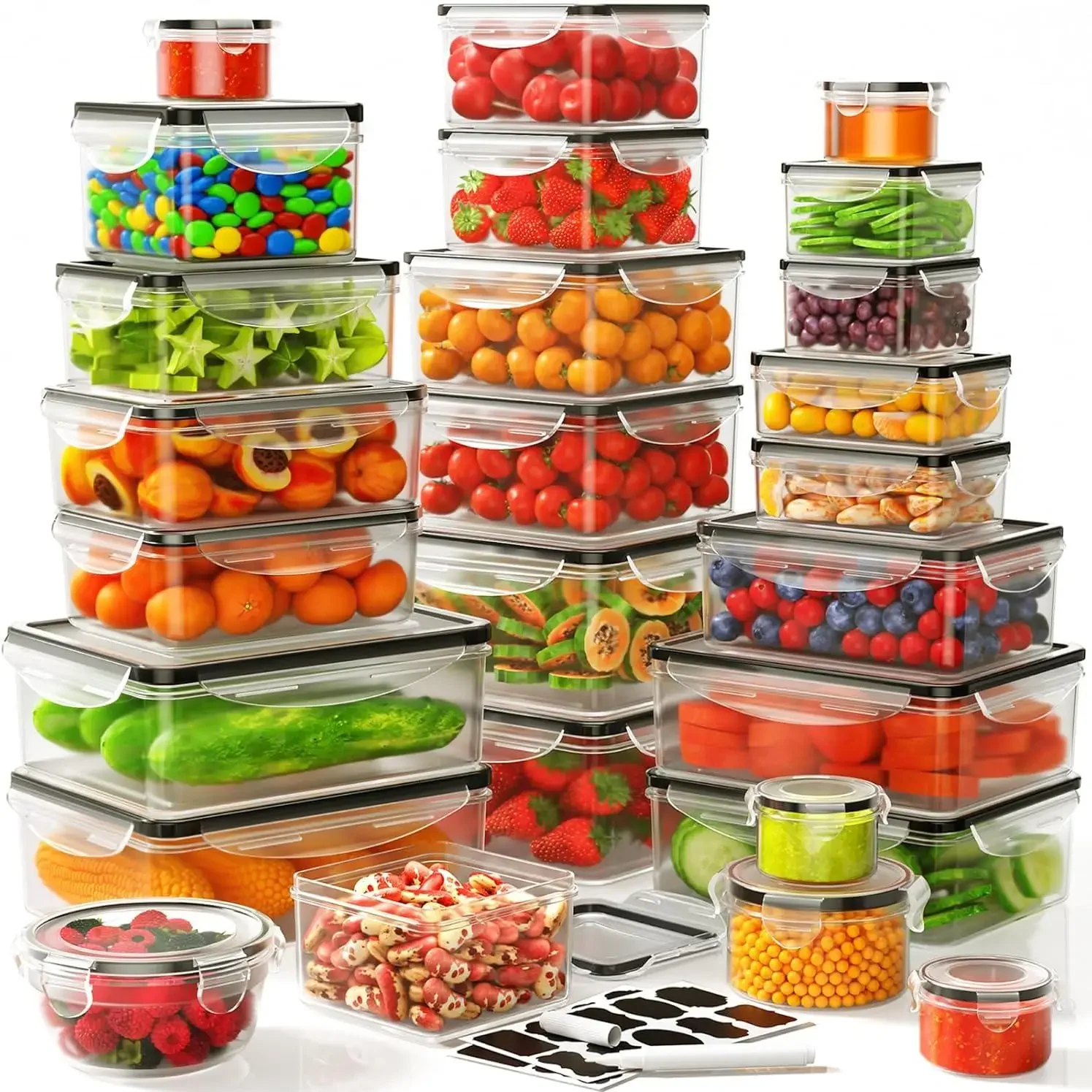 40Pcs Airtight Food Storage Containers Set with Lids Leakproof Transparent Kitchen Organization Boxes Reusable Stackable Meal Prep Cereal Container Microwave Safe for Fridge Pantry with Labels Pen