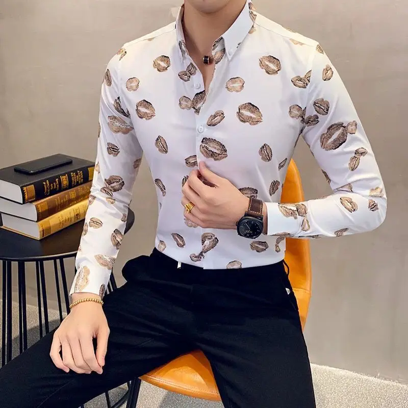 Spring Autumn New Turn-down Collar Fashion Long Sleeve Shirt Man Button Patchwork Printing Y2K Cardigan Casual All-match Tops