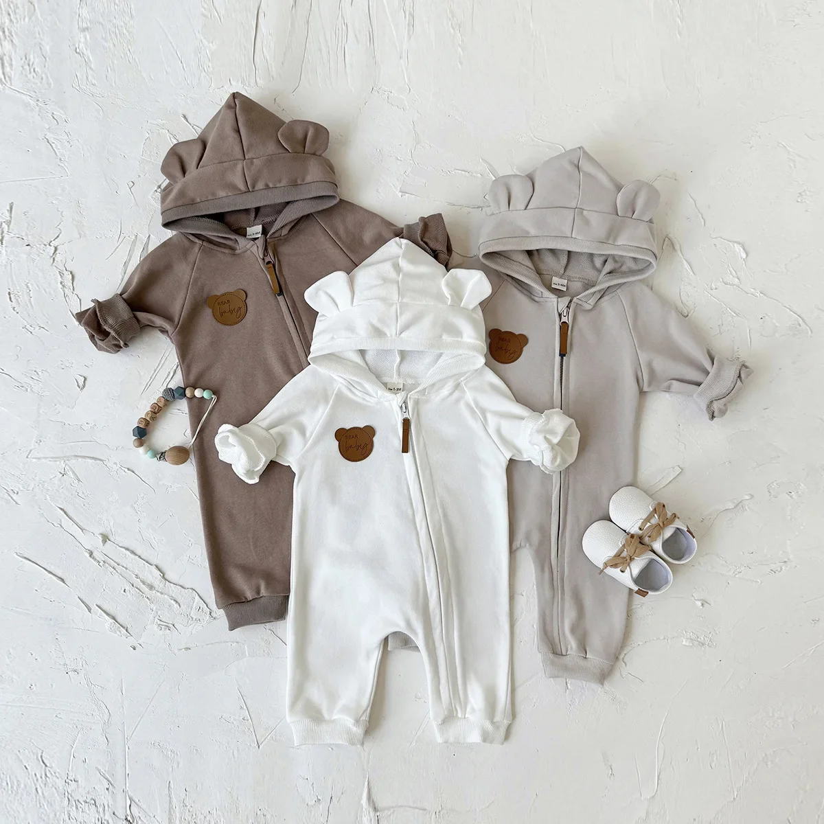 

Toddler Cotton Bear Hooded Romper 0-2Y Baby Girls Newborn Clothes Zip Up Onesie with Ear Hood and Leather Patch Casual Jumpsuit