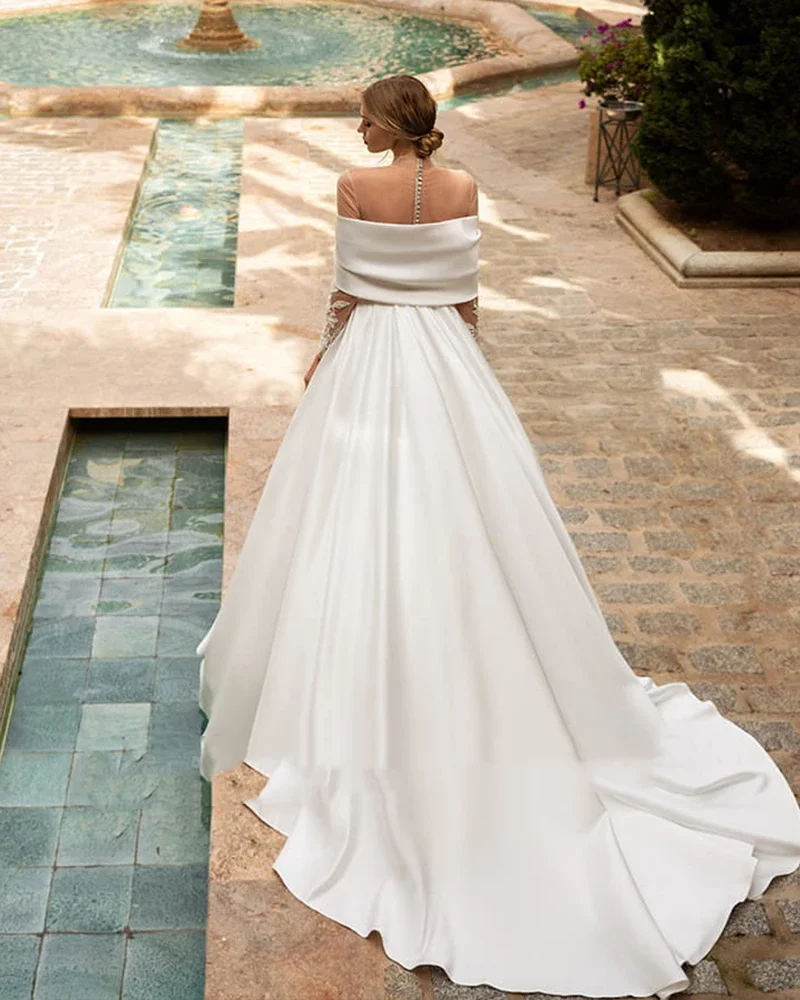 Flavinke personalizado elegante o-pescoço manga longa botões até as costas apliques cetim a linha vestidos de casamento áfrica do sul