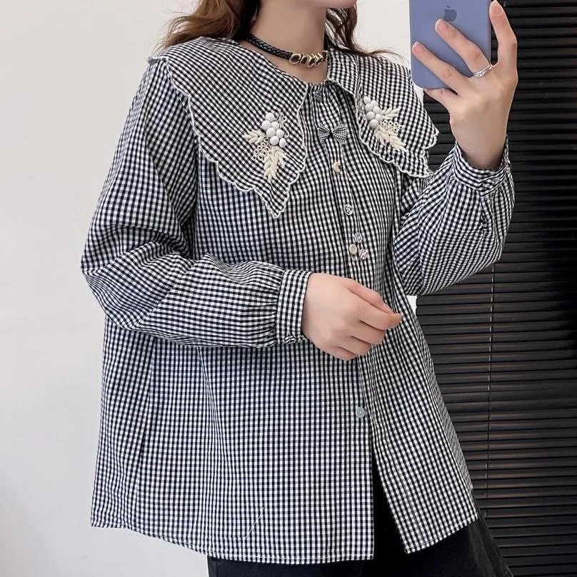 Vintage Zwarte Geruite Damesblouse Oversized Shirt Koreaanse Stijl Basis Lange Mouwen Top Casual Chique Streetwear Retro Kleding Trend