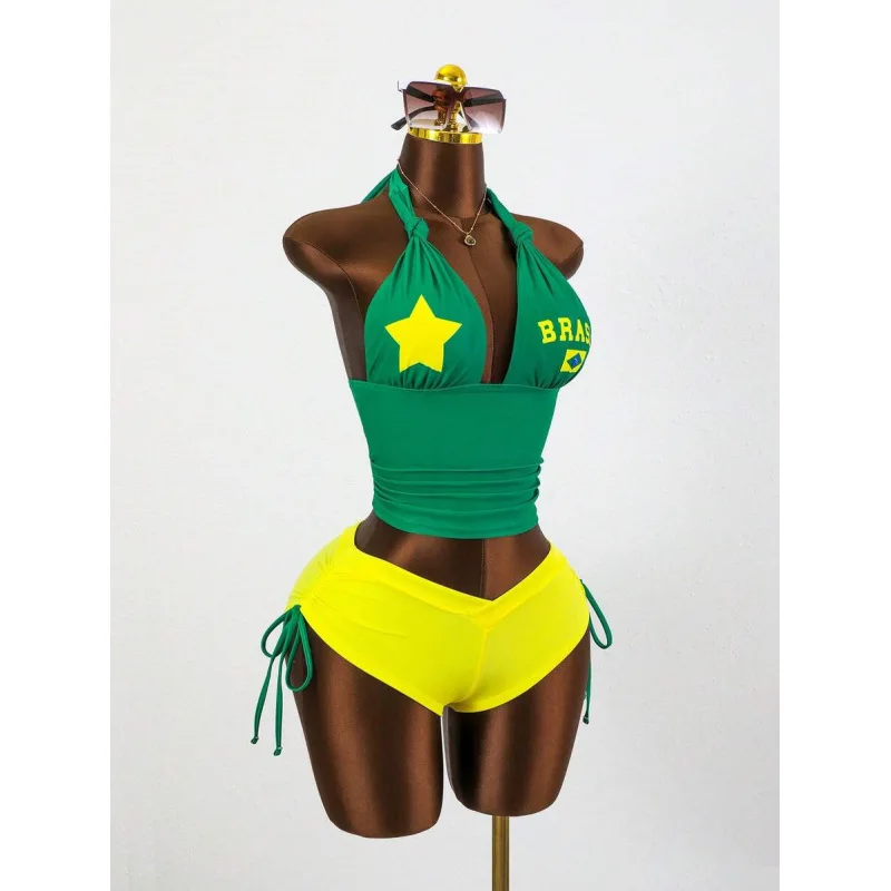Summer American street hot girl hanging neck sleeveless short Brazilian print slim fit and slimming temperament vest shorts set