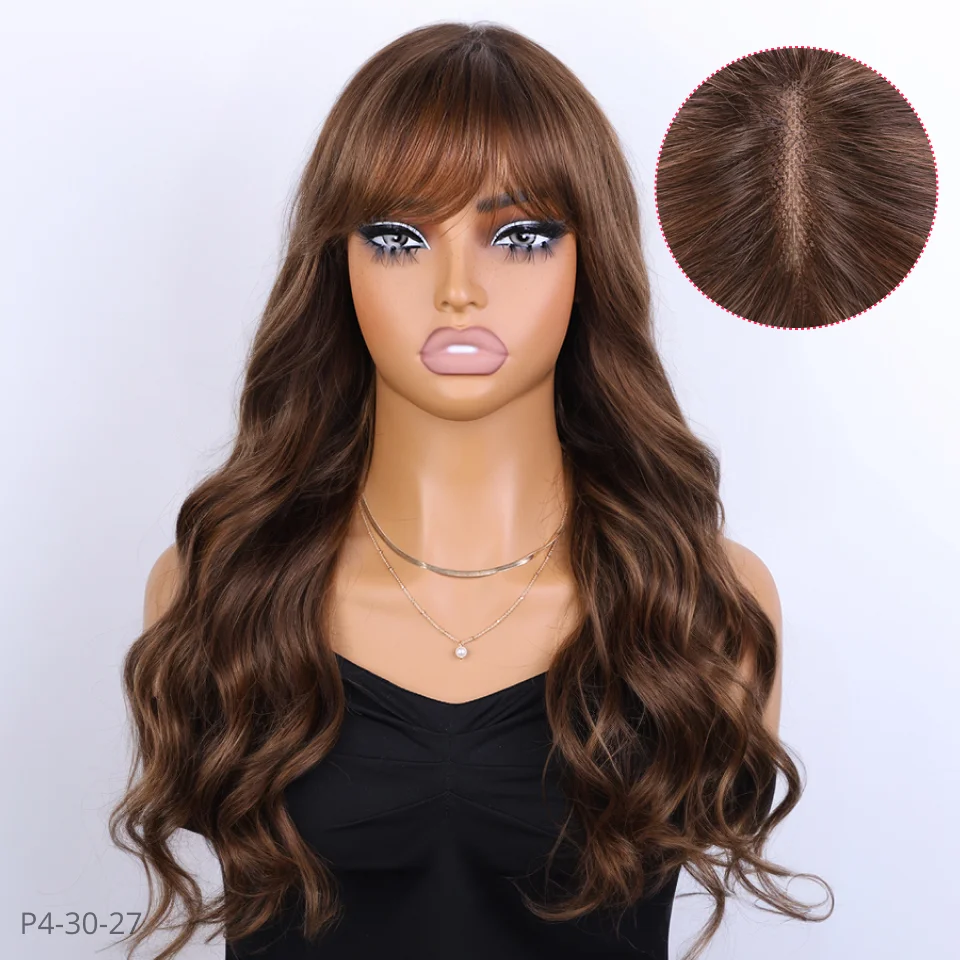 Peruvian Body Wave Human Hair Lace Wig With Bangs For Women P4/30/27 Brown Remy Fringe 22 Inches Realistic Scalp Human Hair Wigs